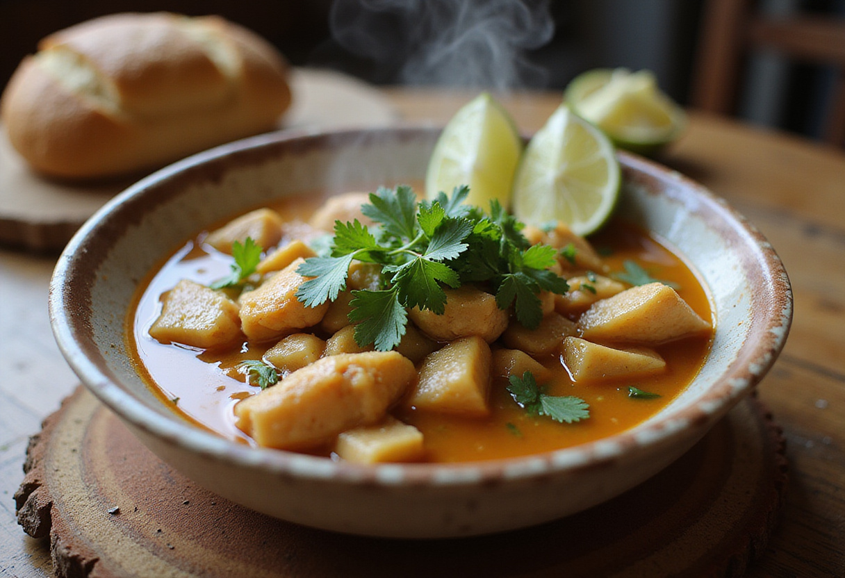 Fertige Schnelle Garnelensuppe mit frischem Koriander und Limettenstücken.