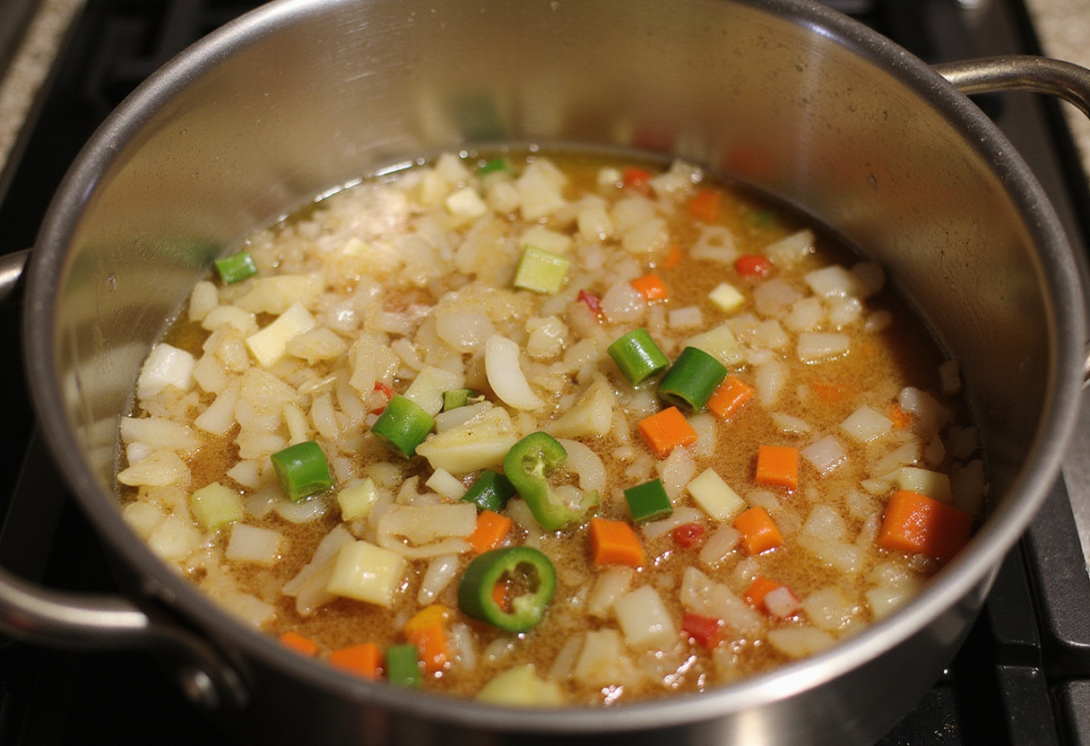 Zwiebeln, Knoblauch und Paprika in Olivenöl für Schnelle Garnelensuppe angebraten.