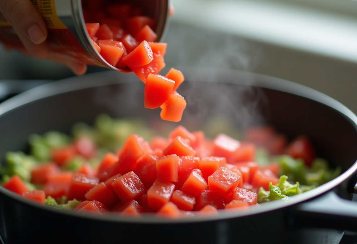 Dosen-Tomaten werden zu den Zutaten der würzigen Garnelensuppe hinzugefügt.