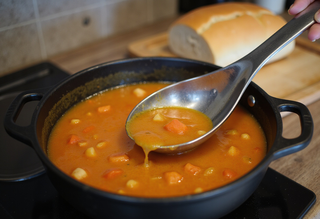 Die würzige Garnelensuppe simmert in einem großen Topf.