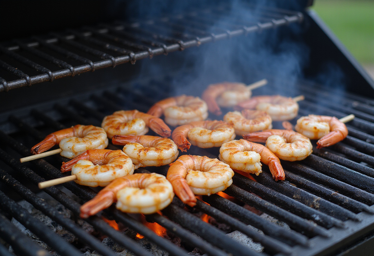 Garnelen, die auf Spießen für Texas Roadhouse Gegrillte Garnelen gegrillt werden.